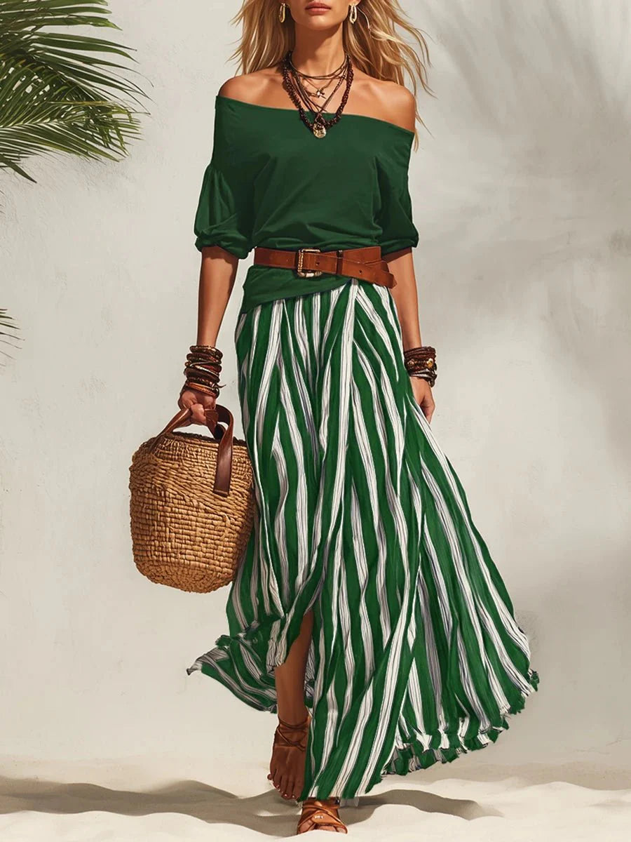 Erlina - Conjunto Chic Falda a Rayas y Top (cinturón de regalo)