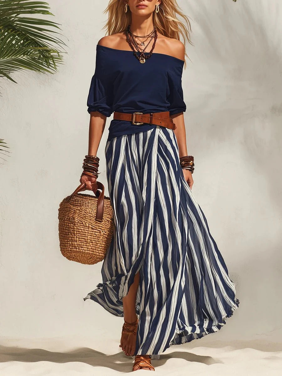 Erlina - Conjunto Chic Falda a Rayas y Top (cinturón de regalo)
