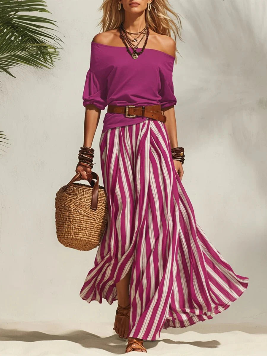 Erlina - Conjunto Chic Falda a Rayas y Top (cinturón de regalo)