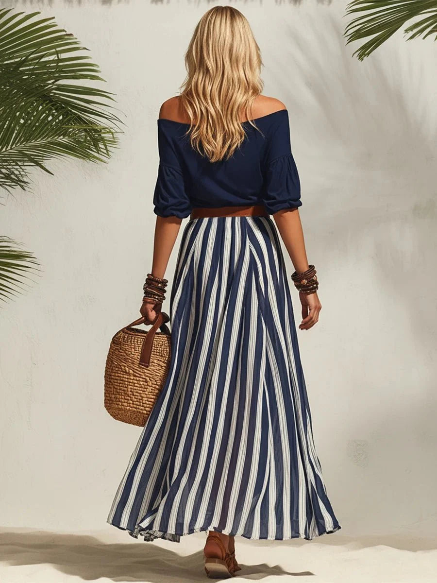Erlina - Conjunto Chic Falda a Rayas y Top (cinturón de regalo)