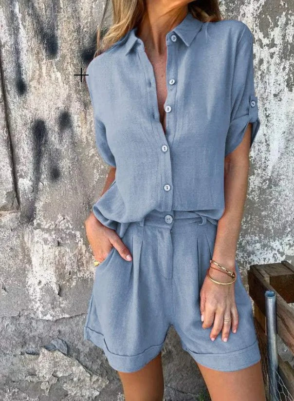 Lina - Premium Linned Skjorte og Shorts Sæt