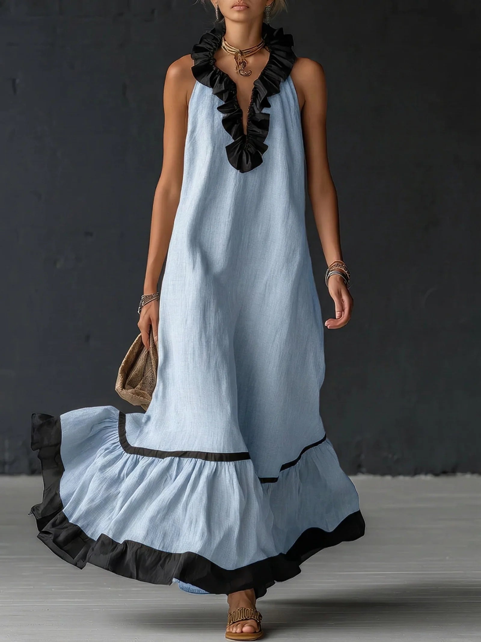 Georgina - Vestido Largo de Lino con Volantes y Contrastes