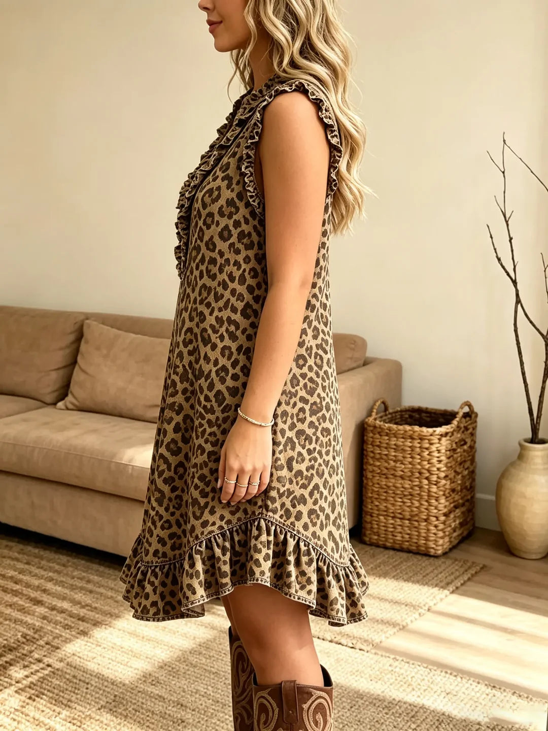 Lottie - Vestido de Denim Leopardo con Acabado de Volantes