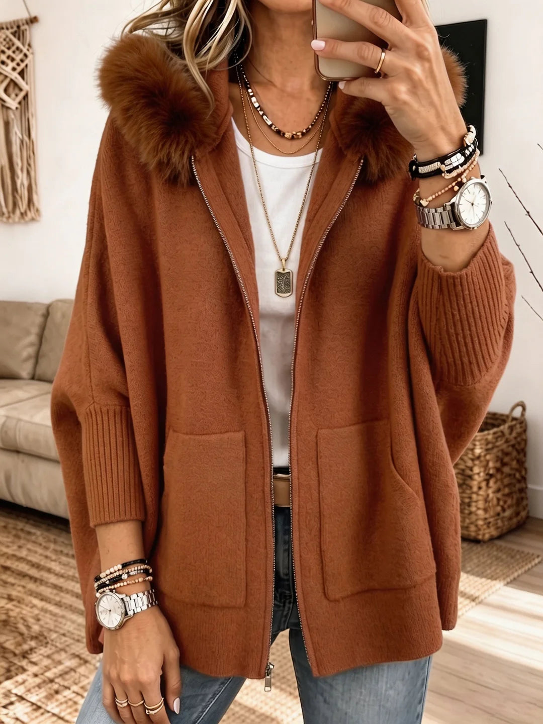 Terrie - Chaqueta de Punto Grueso con Capucha de Piel