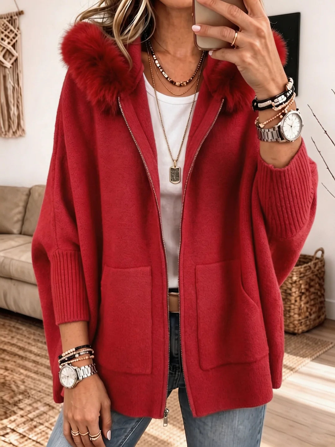 Terrie - Chaqueta de Punto Grueso con Capucha de Piel
