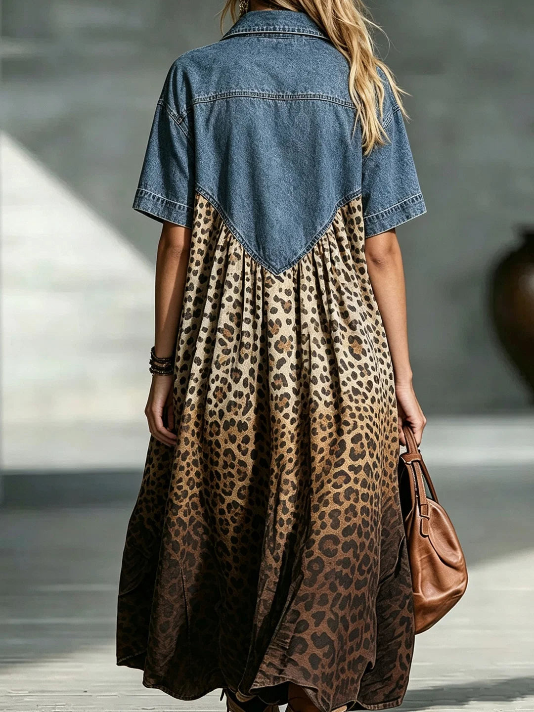 Libby - Vestido de Denim Abotonado Medio Leopardo