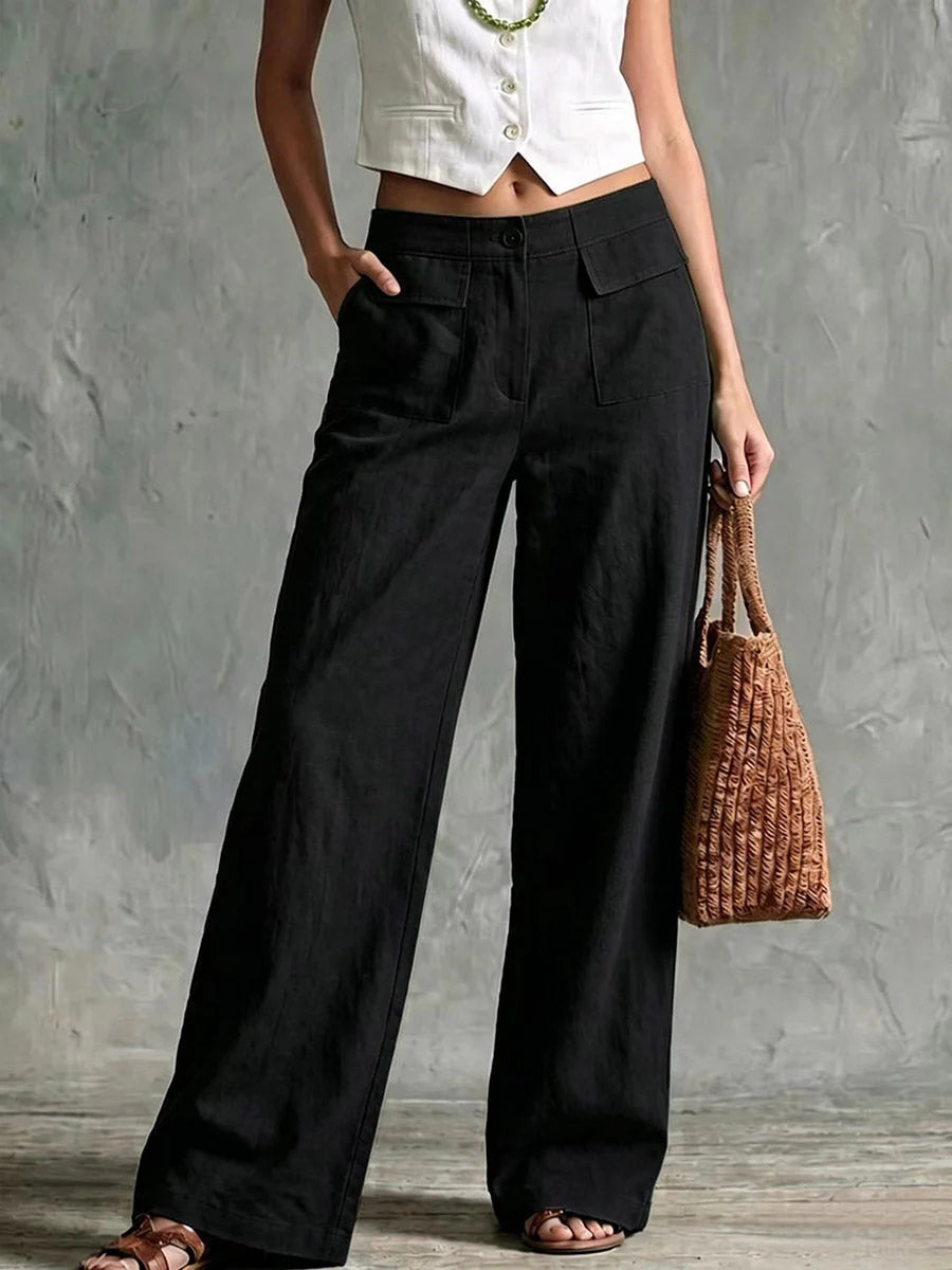 Liya - Pantalón Recto Retro de Lino Cómodo