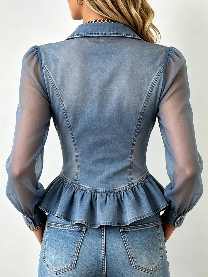 Emie - Blusa de Denim Sofisticada con Cremallera y Mangas Veladas