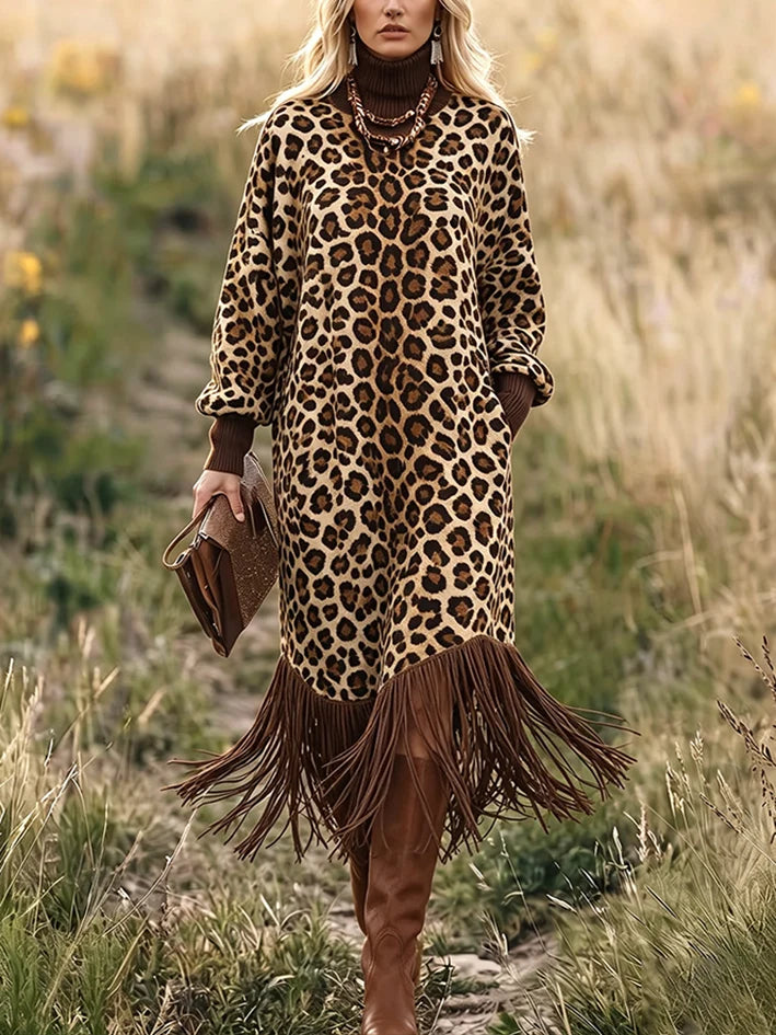 Leia - Vestido Suéter de Leopardo con Cuello Alto y Flecos Bohemios