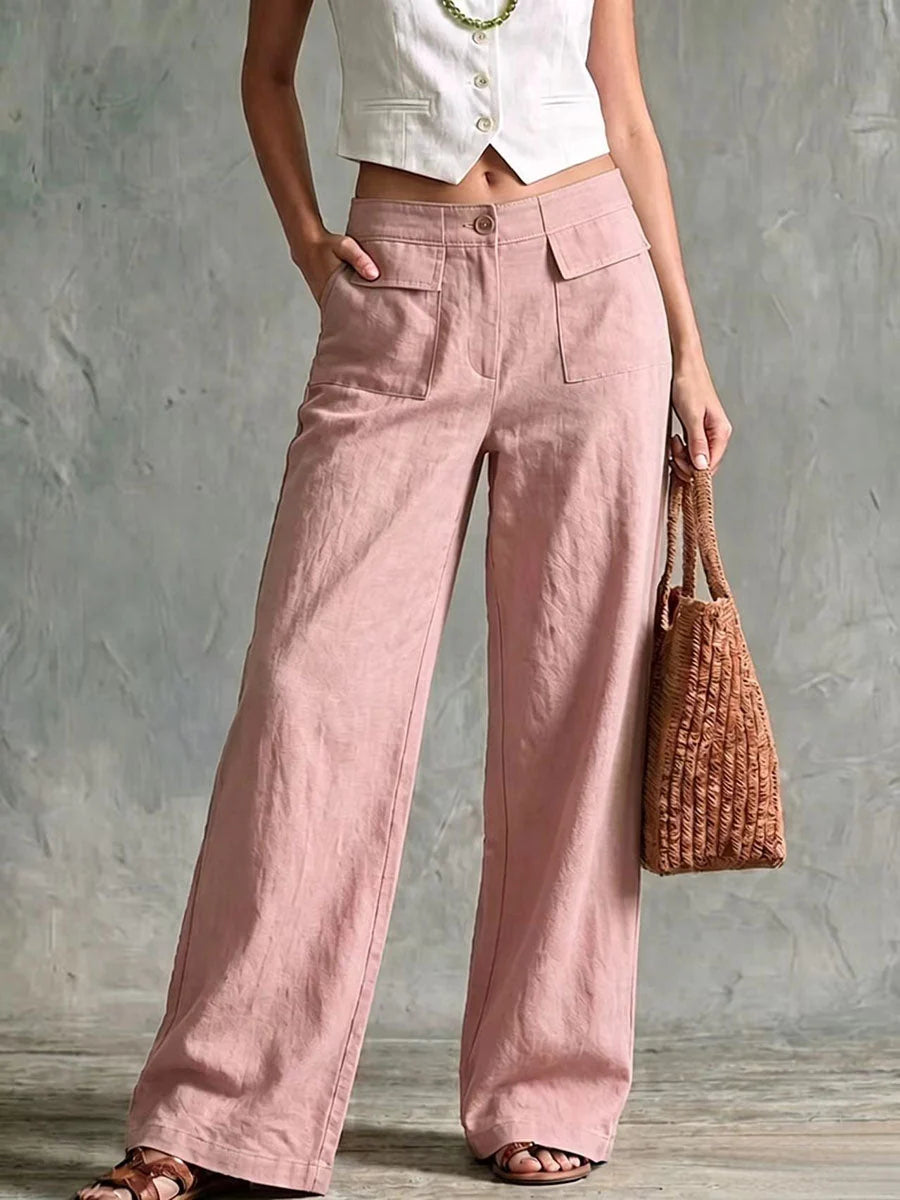 Liya - Pantalón Recto Retro de Lino Cómodo