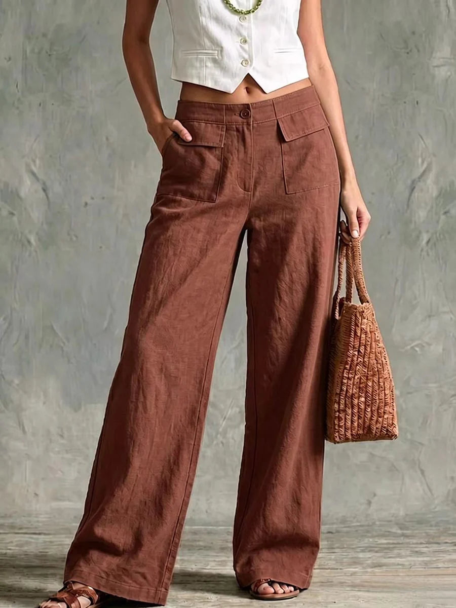 Liya - Pantalón Recto Retro de Lino Cómodo