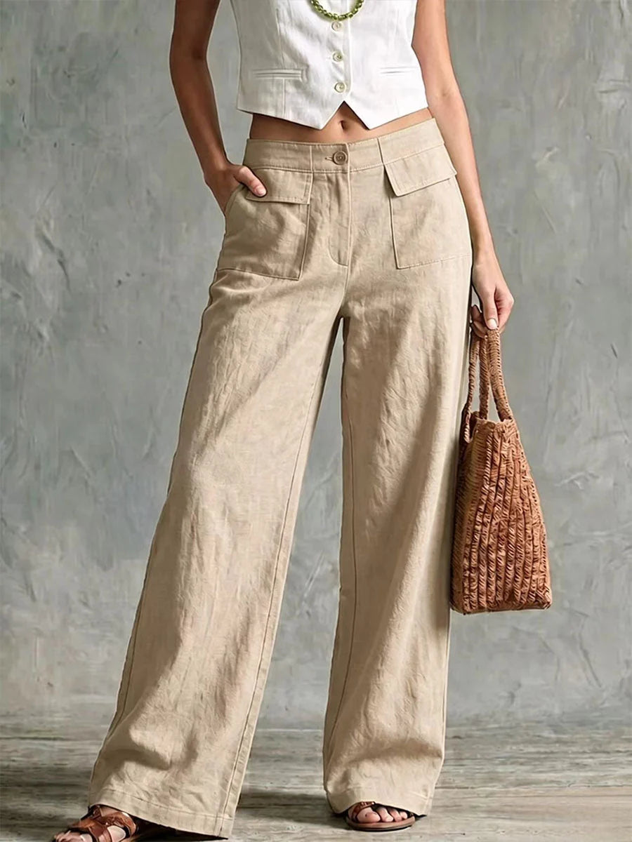 Liya - Pantalón Recto Retro de Lino Cómodo