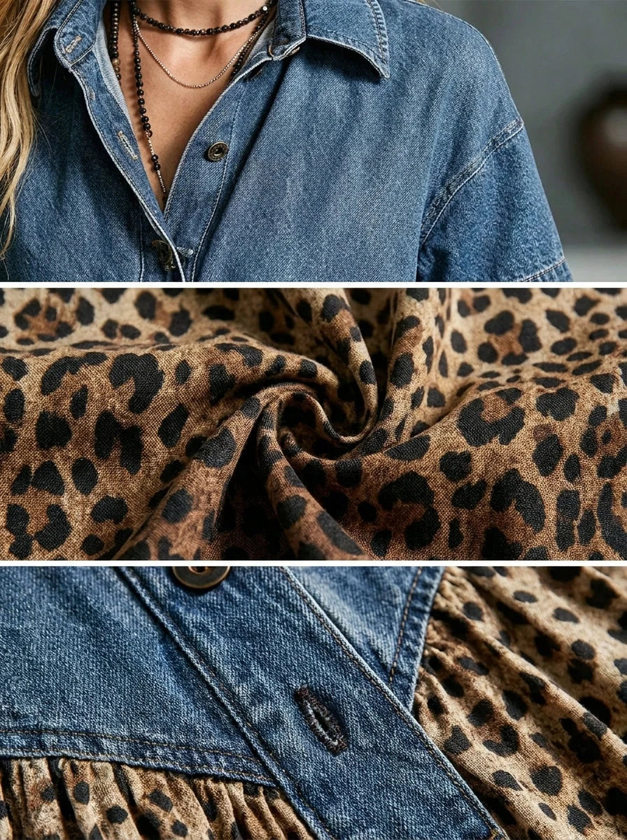 Libby - Vestido de Denim Abotonado Medio Leopardo