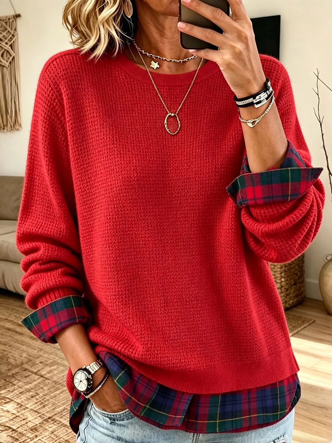 Lylou - Suéter de Punto Rojo con Detalles a Cuadros