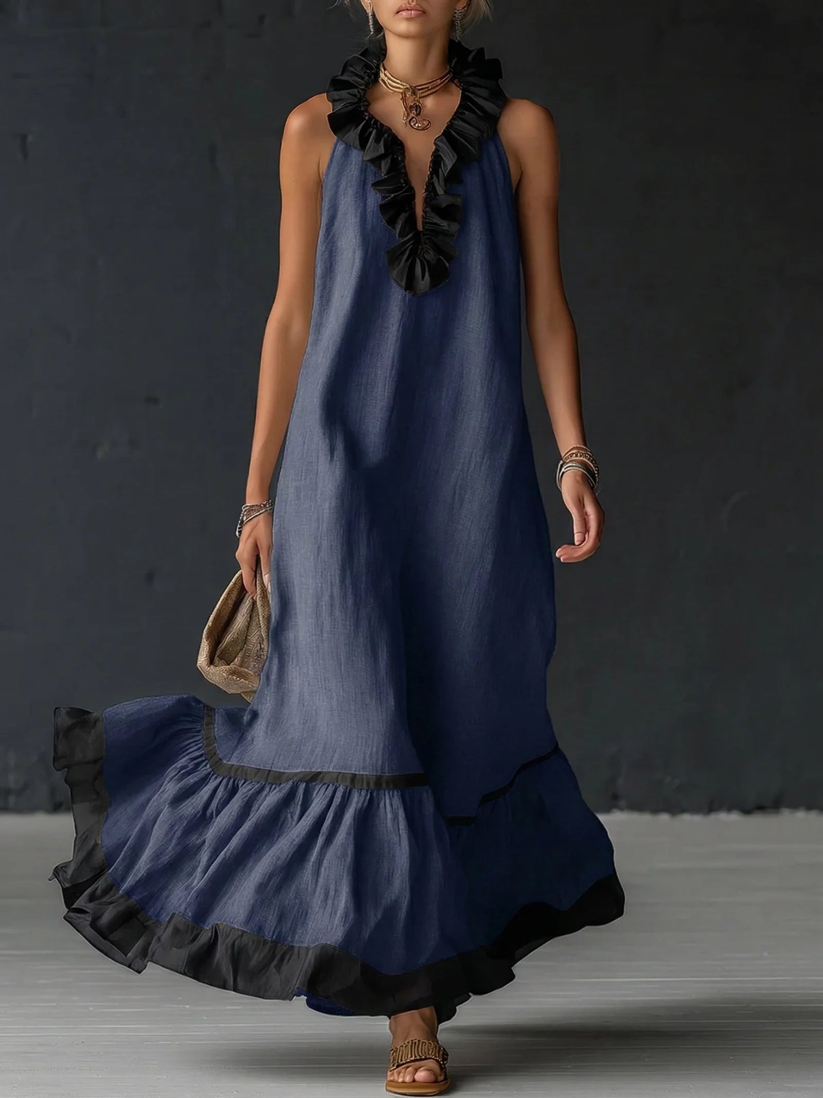 Georgina - Vestido Largo de Lino con Volantes y Contrastes