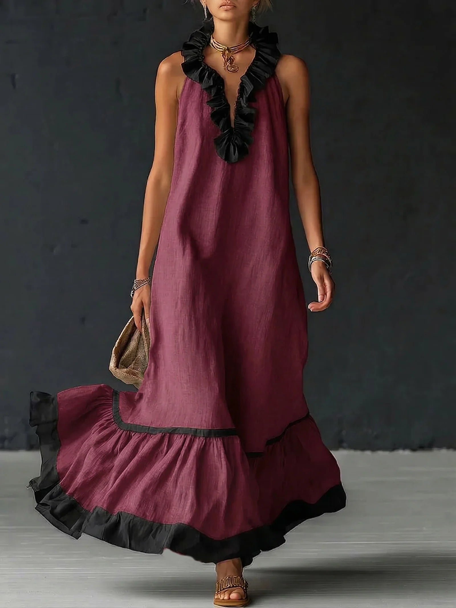 Georgina - Vestido Largo de Lino con Volantes y Contrastes