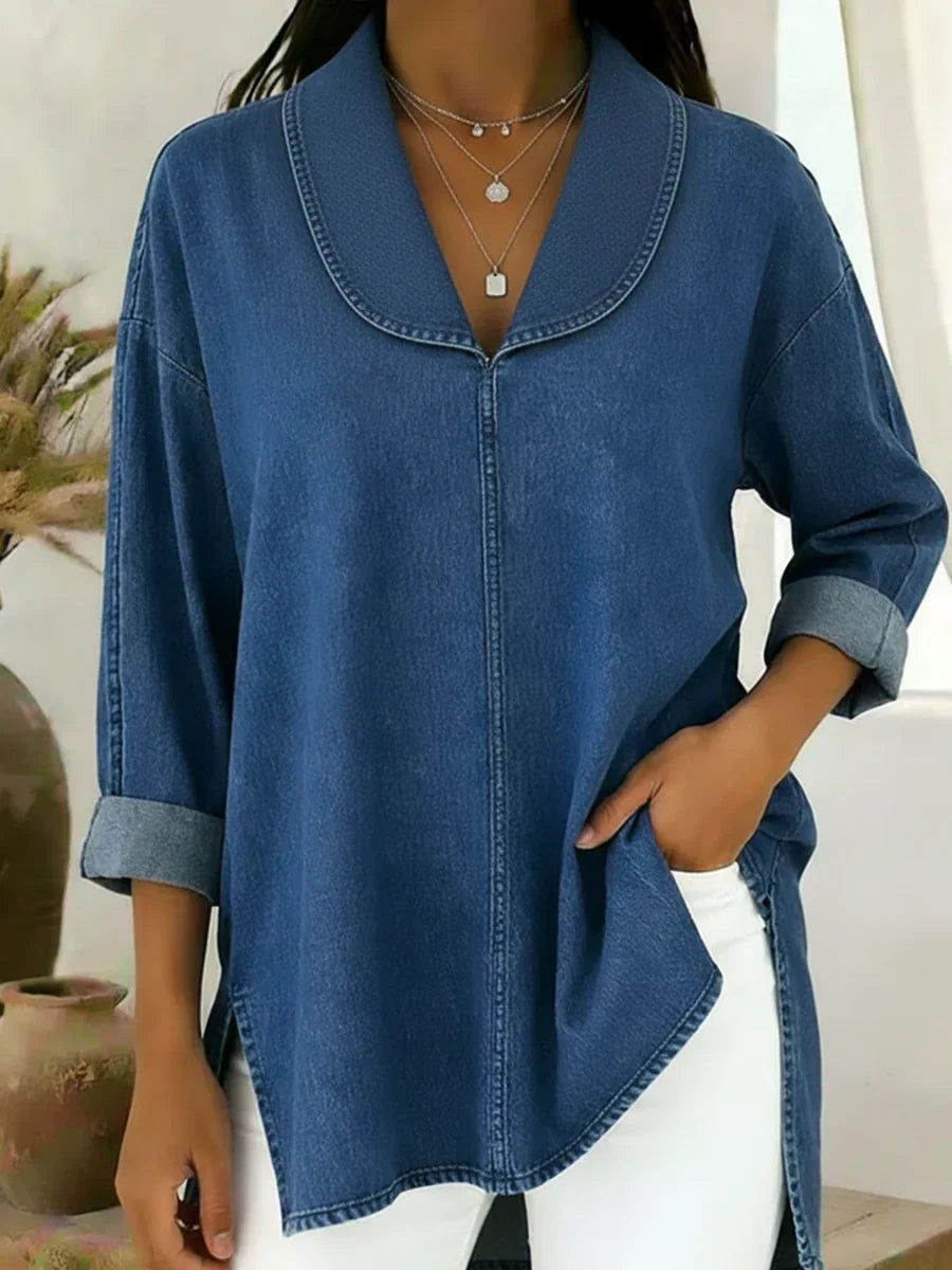 Viviane - Longue Blouse en Denim Col Châle