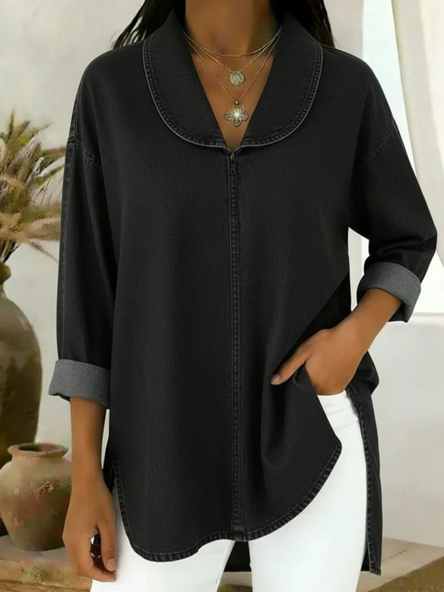 Viviane - Longue Blouse en Denim Col Châle