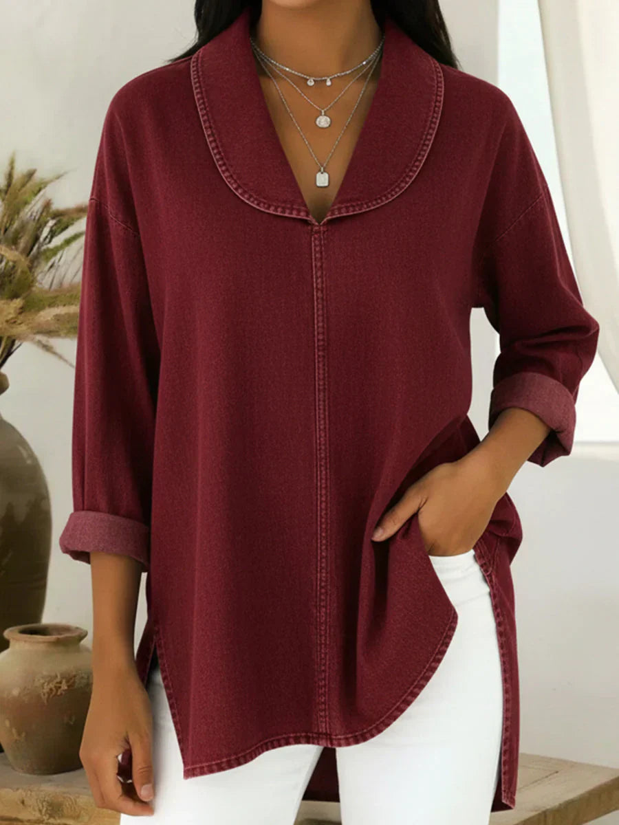 Viviane - Longue Blouse en Denim Col Châle