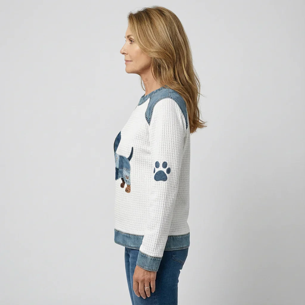 Myla - Suéter Teckel en Patchwork de Algodón Detalles de Denim