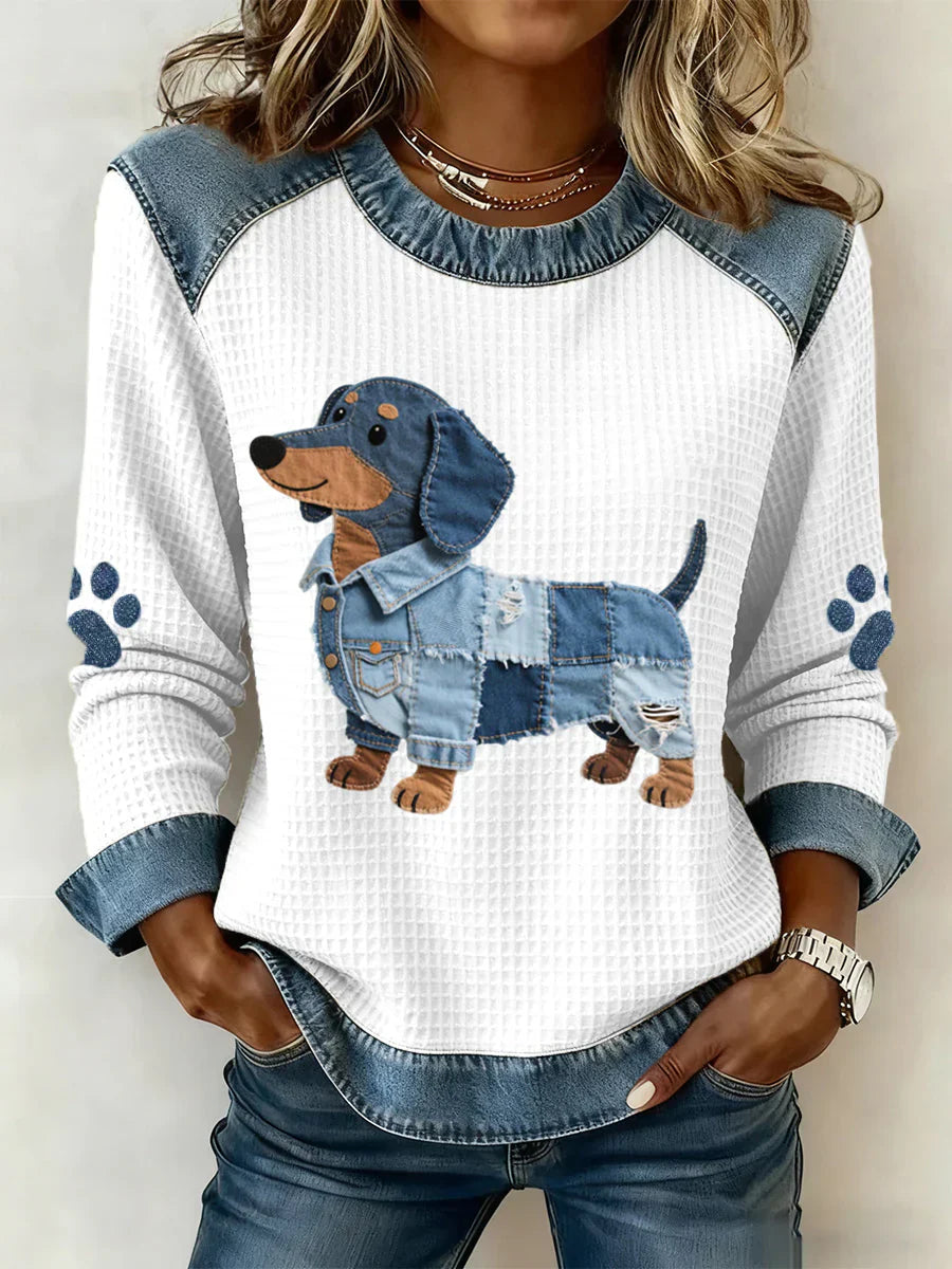 Myla - Pull Coton Teckel en Patchwork Détails en Denim