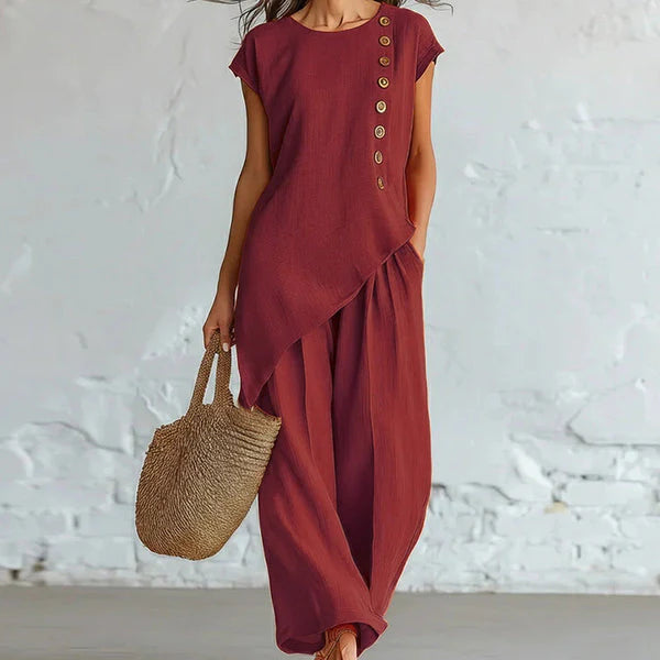 Synda - Blusa Asimétrica y Pantalón Casual Chic Lino y Algodón