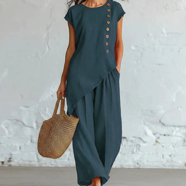 Synda - Blusa Asimétrica y Pantalón Casual Chic Lino y Algodón