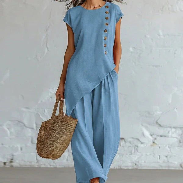 Synda - Blusa Asimétrica y Pantalón Casual Chic Lino y Algodón